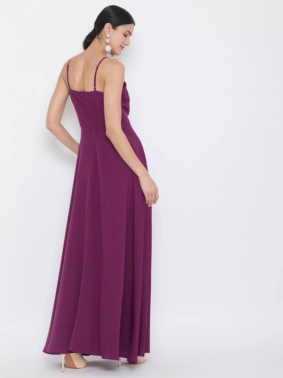 Berrylush Women Solid Dark Purple V-Neck A-Line Maxi Dress