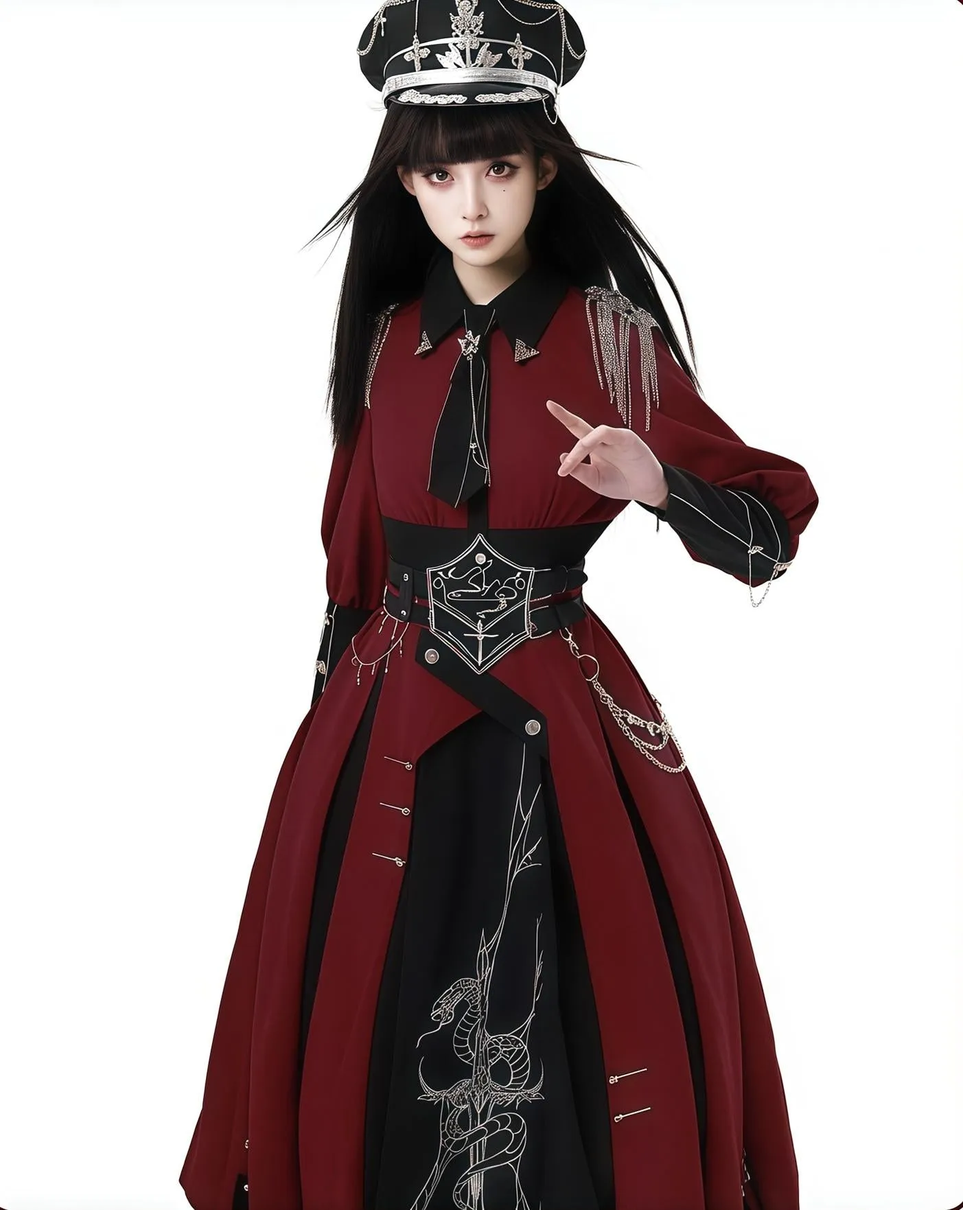 CHUNLV LOLITA~Crimson Knight~Military Lolita Dress Outfit Red OP Black Cloak Waistband