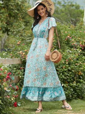 Deep V Neck Pagoda Sleeves Long Maxi Broomstick Summer Dress
