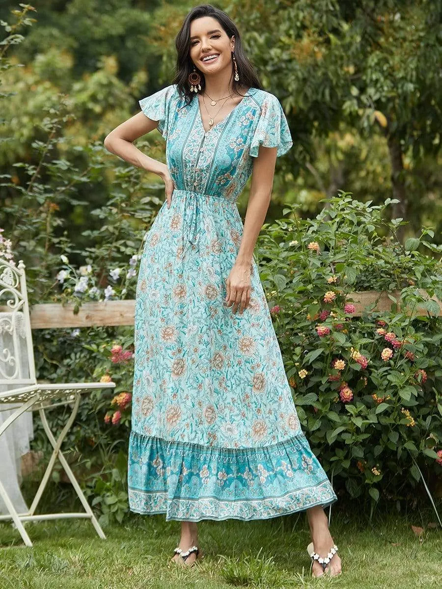 Deep V Neck Pagoda Sleeves Long Maxi Broomstick Summer Dress