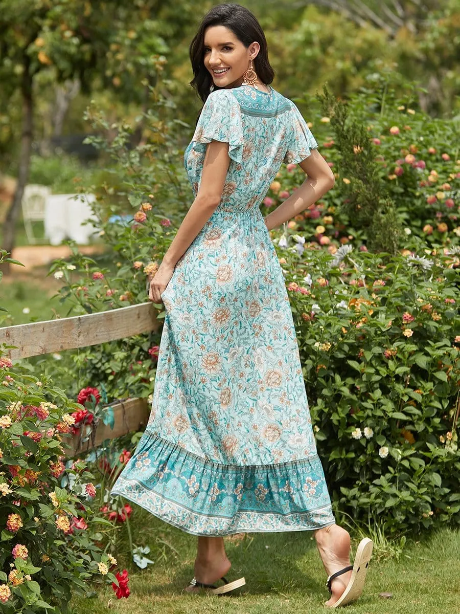 Deep V Neck Pagoda Sleeves Long Maxi Broomstick Summer Dress