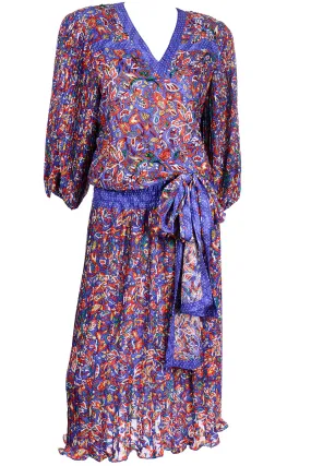 Diane Freis Vintage Bold Colorful Mixed Pattern Print 1980s Beaded Dress