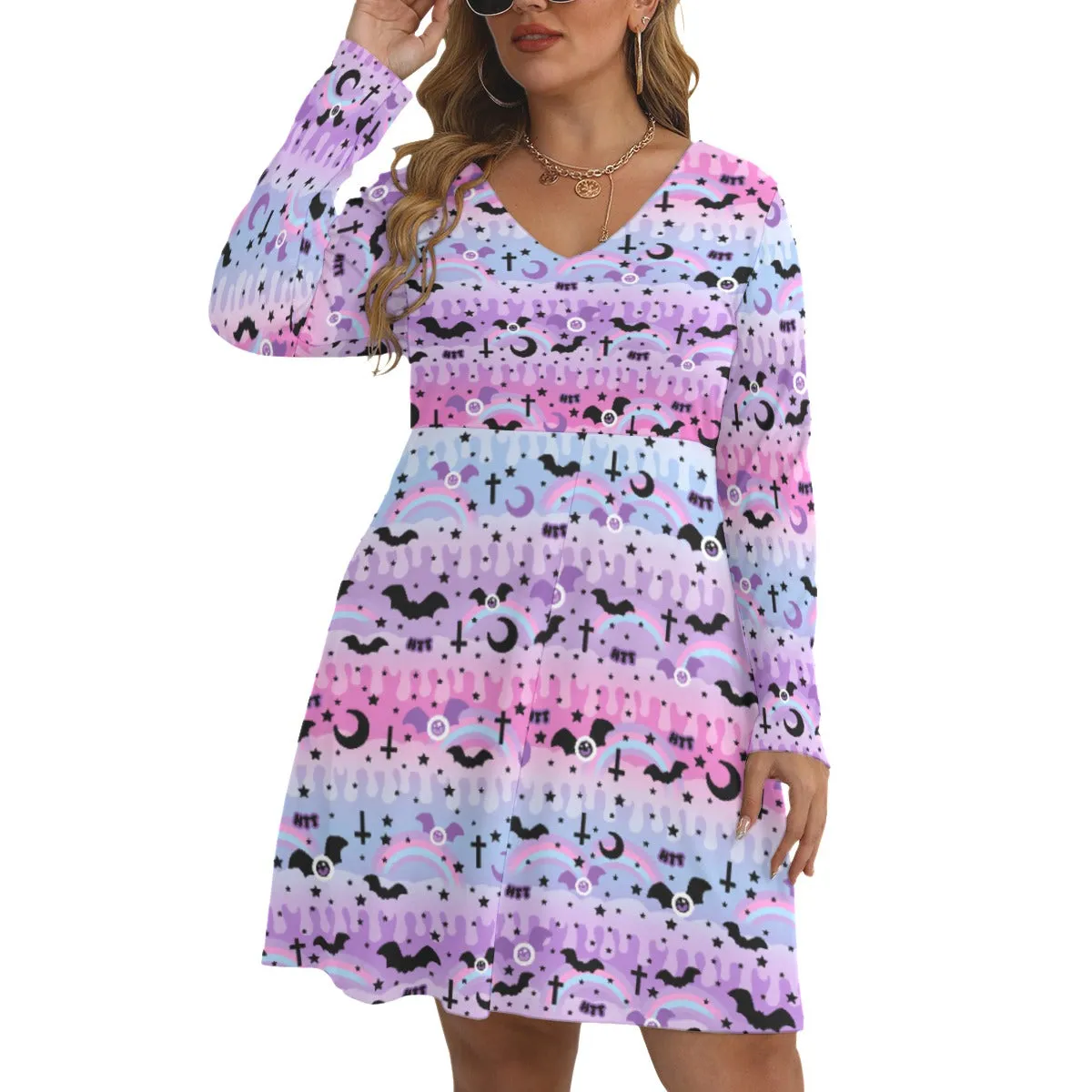 Dripping Sky Women's V-Neck Long Sleeve Dress (Plus Size)