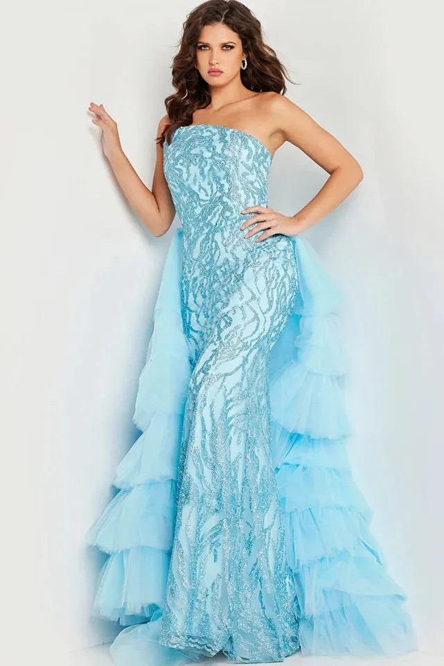 Jovani 26119 Long Prom Dress Strapless Fitted Glitter Tulle Layered  Over skirt Formal Pageant Gown