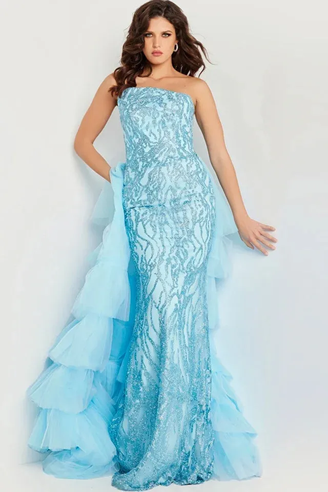 Jovani 26119 Long Prom Dress Strapless Fitted Glitter Tulle Layered  Over skirt Formal Pageant Gown