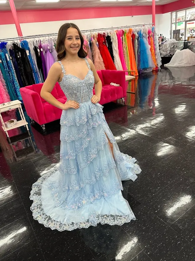 Jovani 36687 Size 0 Light Blue Long Prom Dress Sequin Floral Corset Off Shoulder Layered Skirt Slit Train formal Pageant Gown