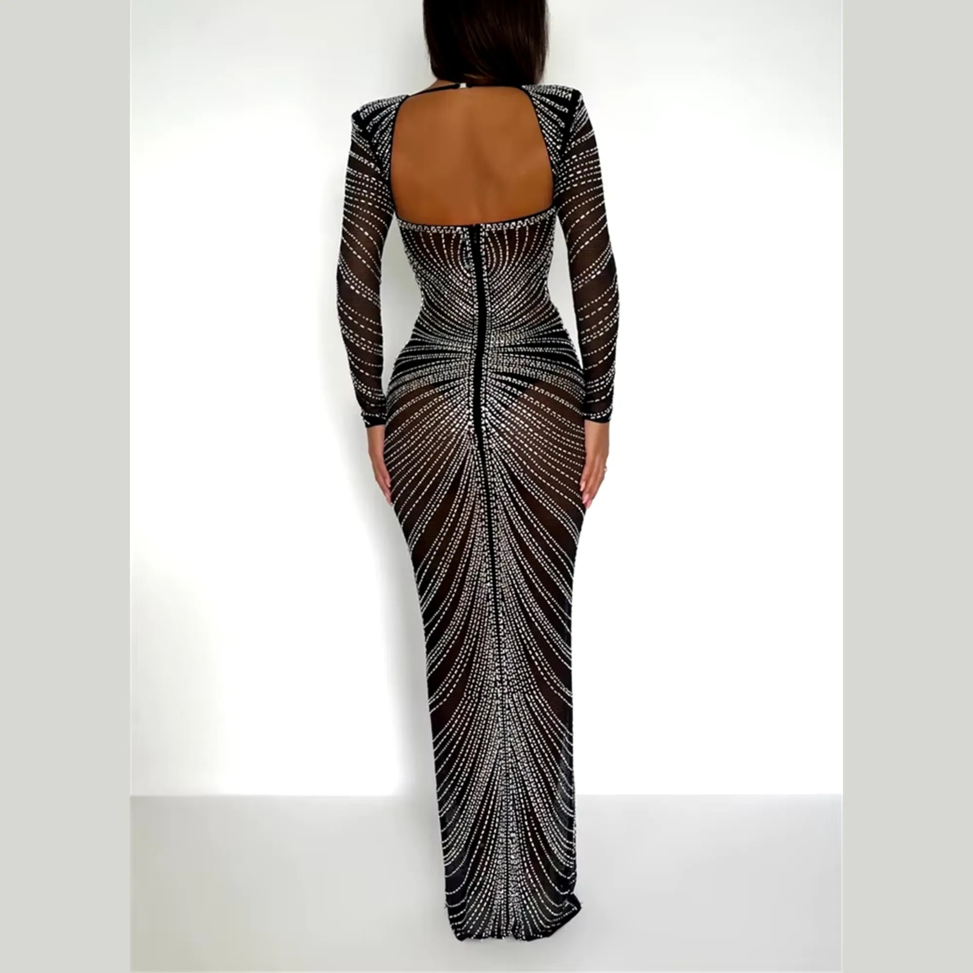 Letitia - Black Mesh Silver Embellished Maxi Bodycon Dress