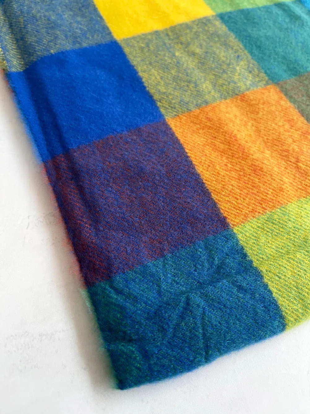 LONG BLUE YELLOW WOOL MIX CHECKED TARTAN SCARF