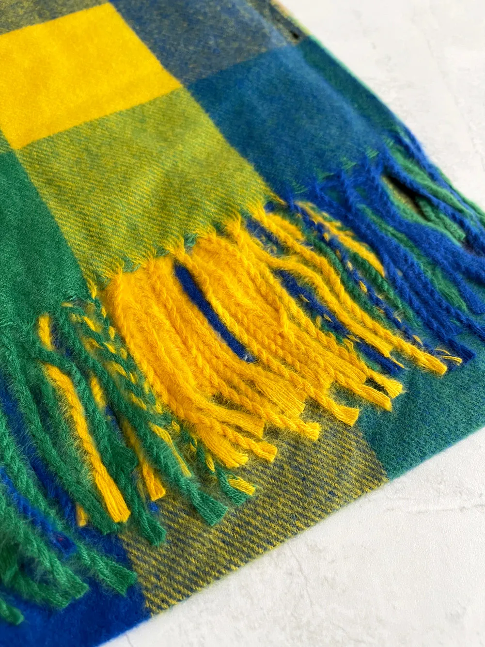 LONG BLUE YELLOW WOOL MIX CHECKED TARTAN SCARF