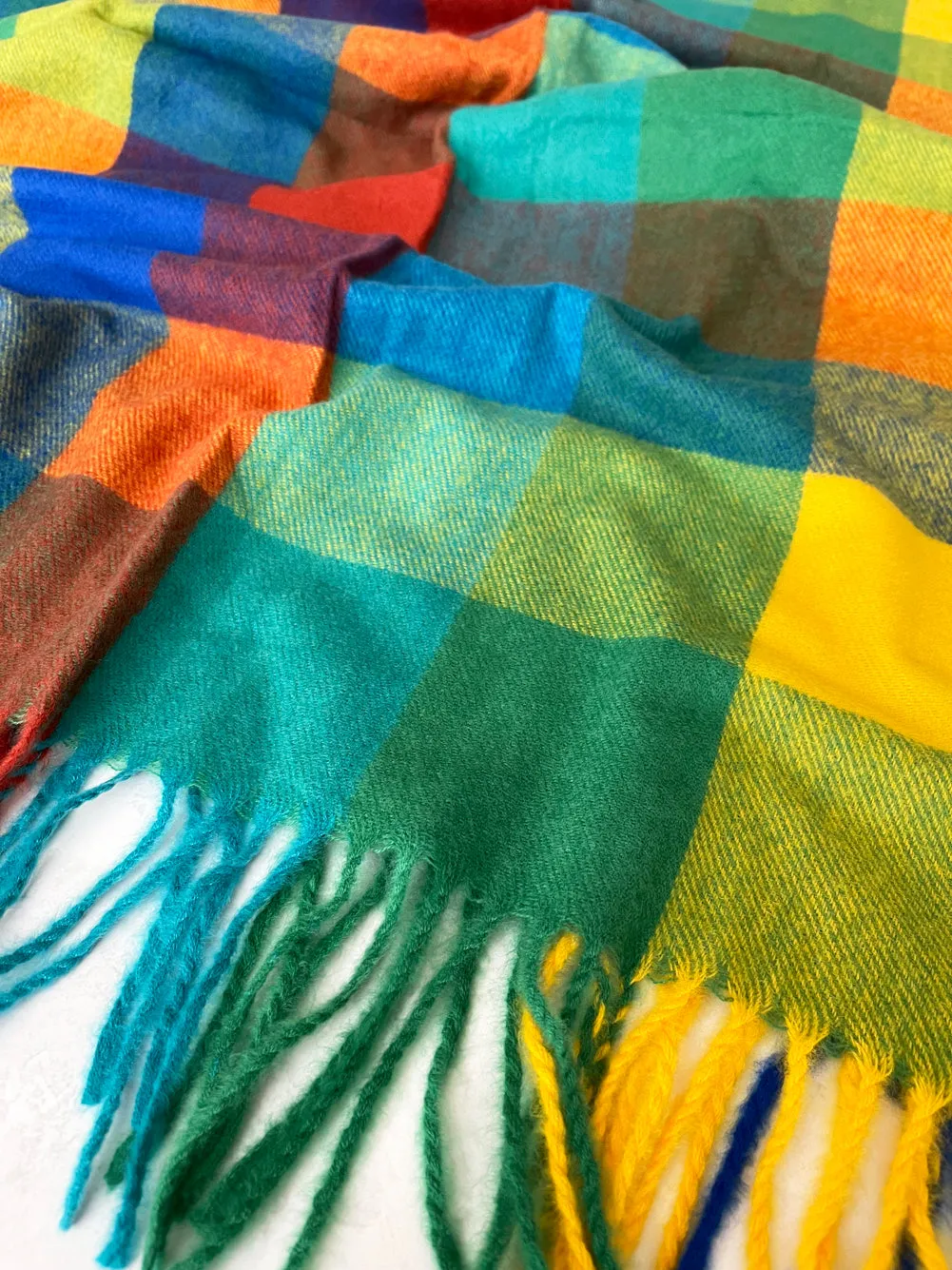 LONG BLUE YELLOW WOOL MIX CHECKED TARTAN SCARF