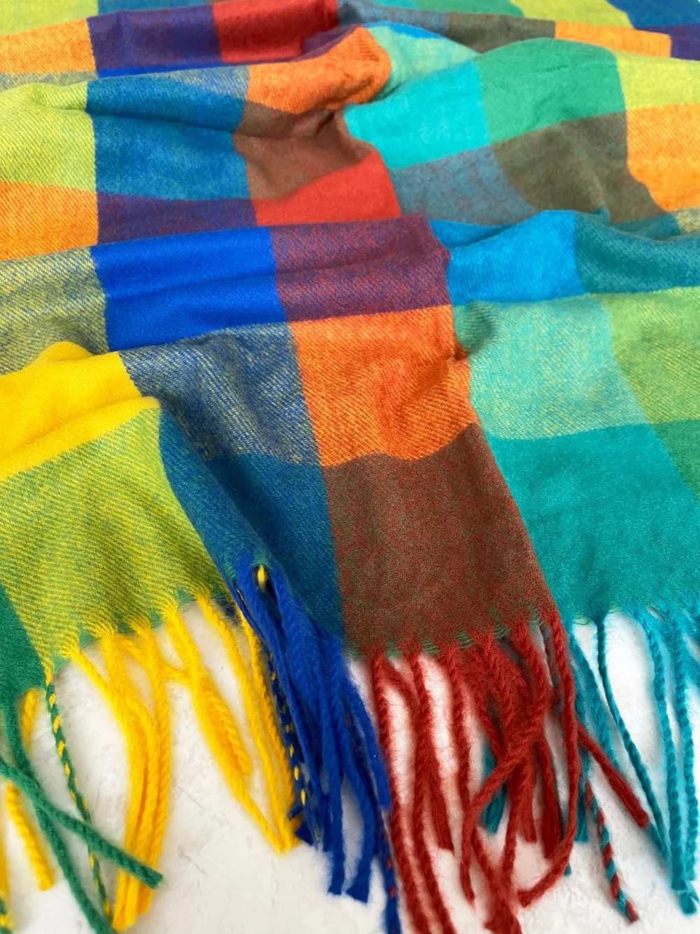 LONG BLUE YELLOW WOOL MIX CHECKED TARTAN SCARF