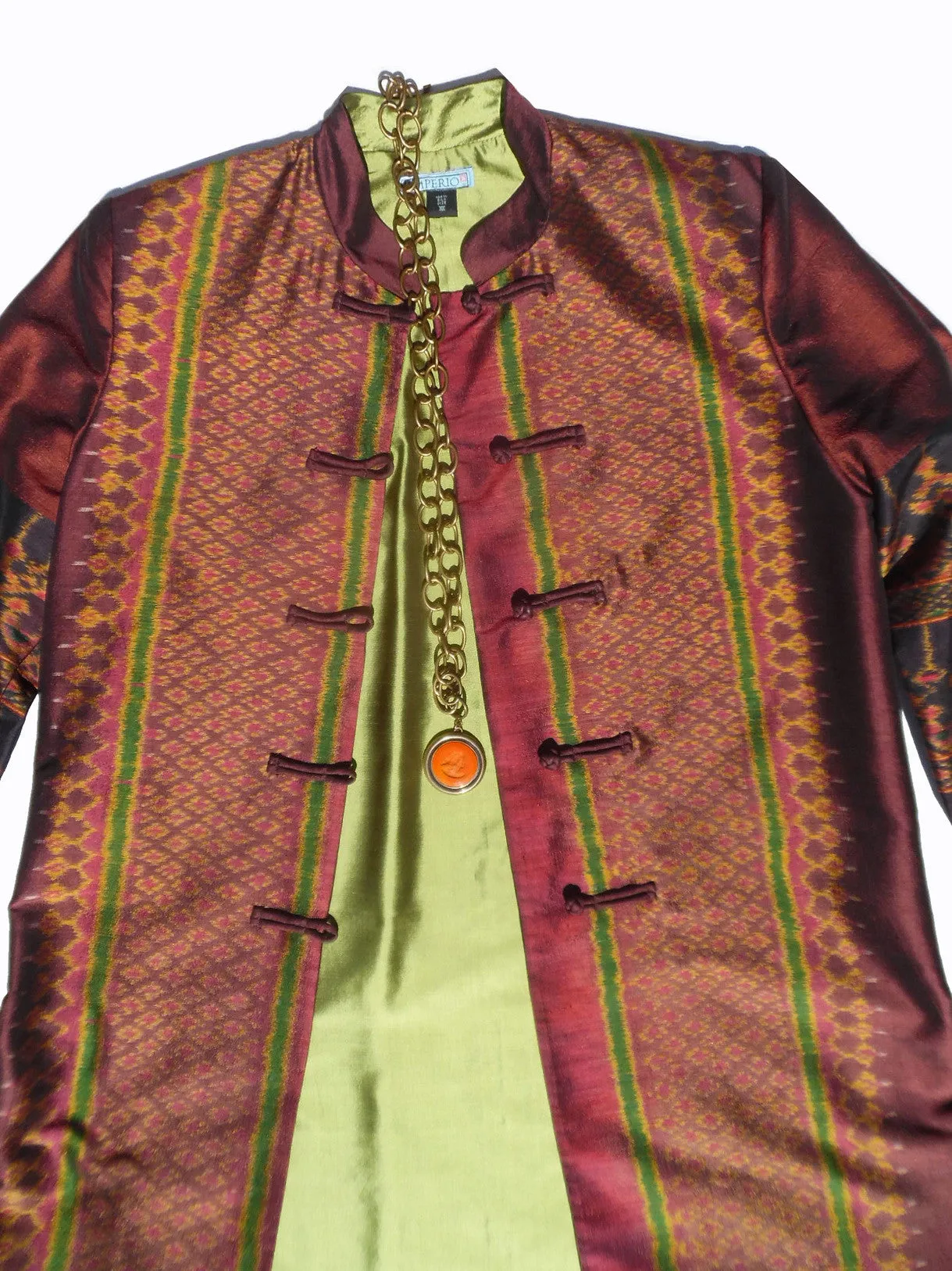 Long Mandarin Silk Ikat Evening Jacket with Lemongrass Lining