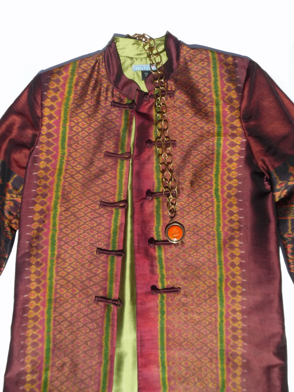 Long Mandarin Silk Ikat Evening Jacket with Lemongrass Lining