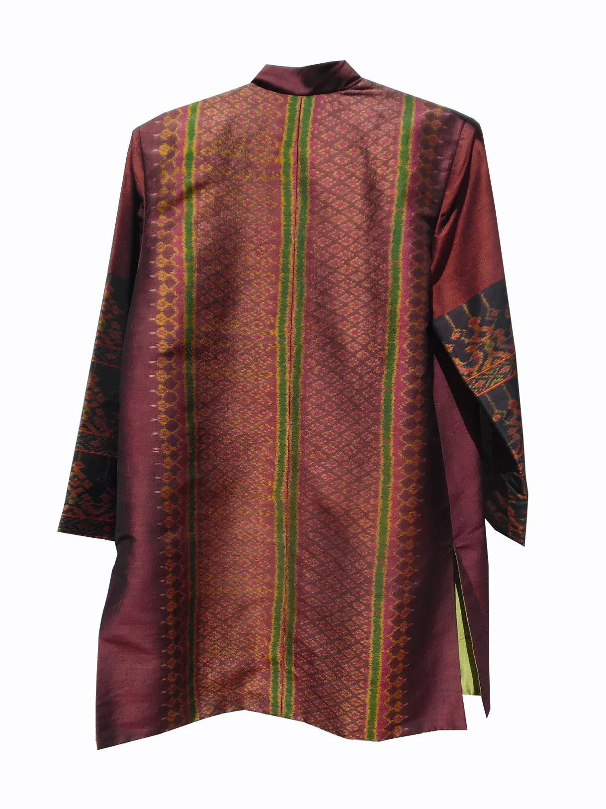 Long Mandarin Silk Ikat Evening Jacket with Lemongrass Lining