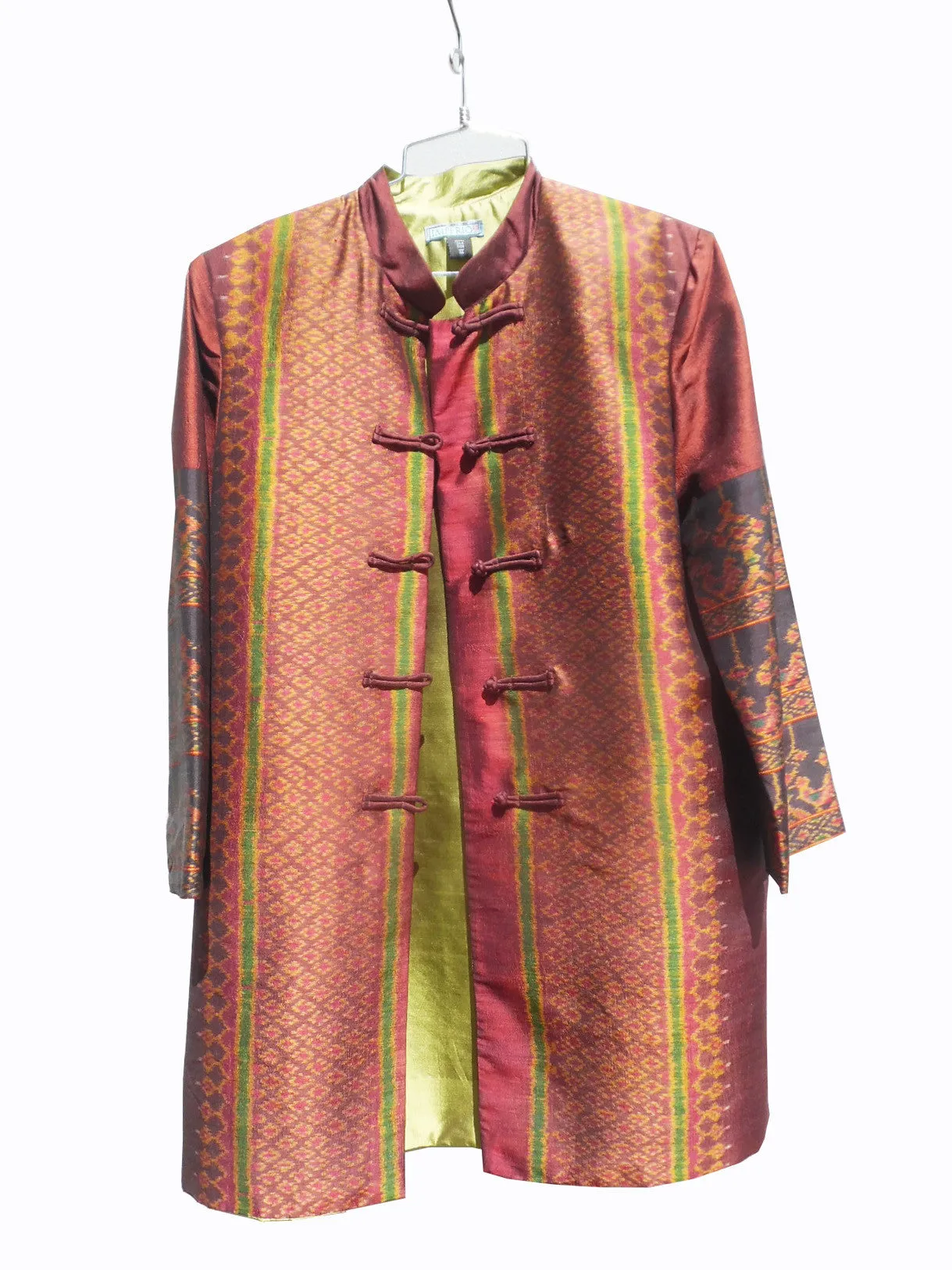 Long Mandarin Silk Ikat Evening Jacket with Lemongrass Lining