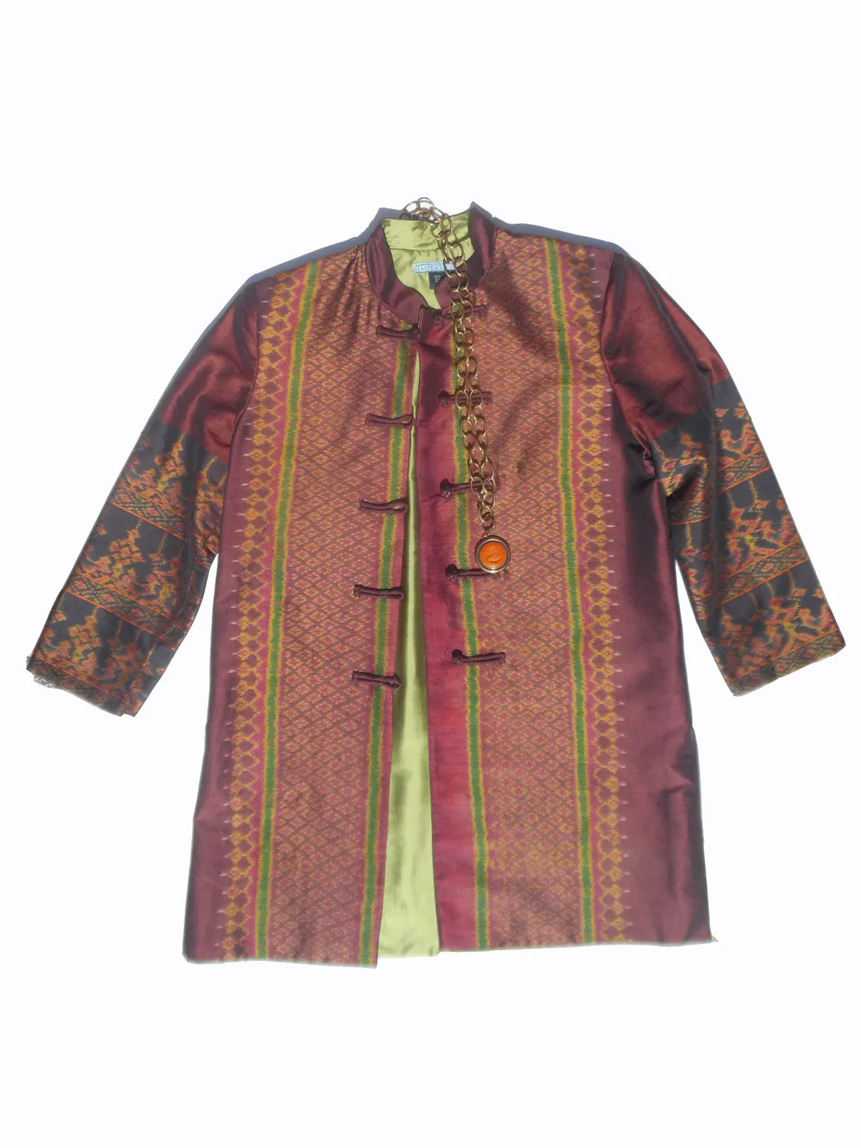 Long Mandarin Silk Ikat Evening Jacket with Lemongrass Lining