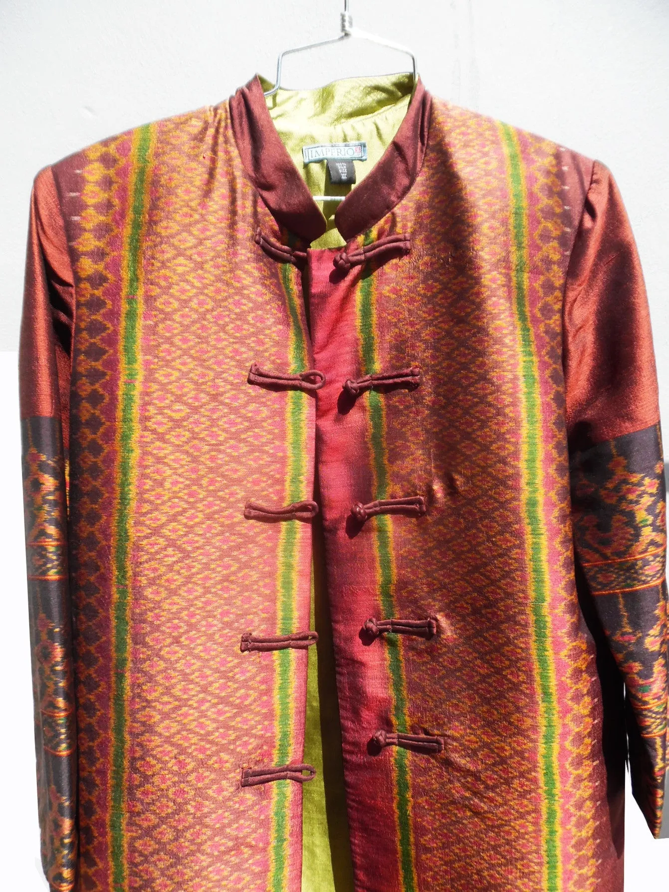 Long Mandarin Silk Ikat Evening Jacket with Lemongrass Lining