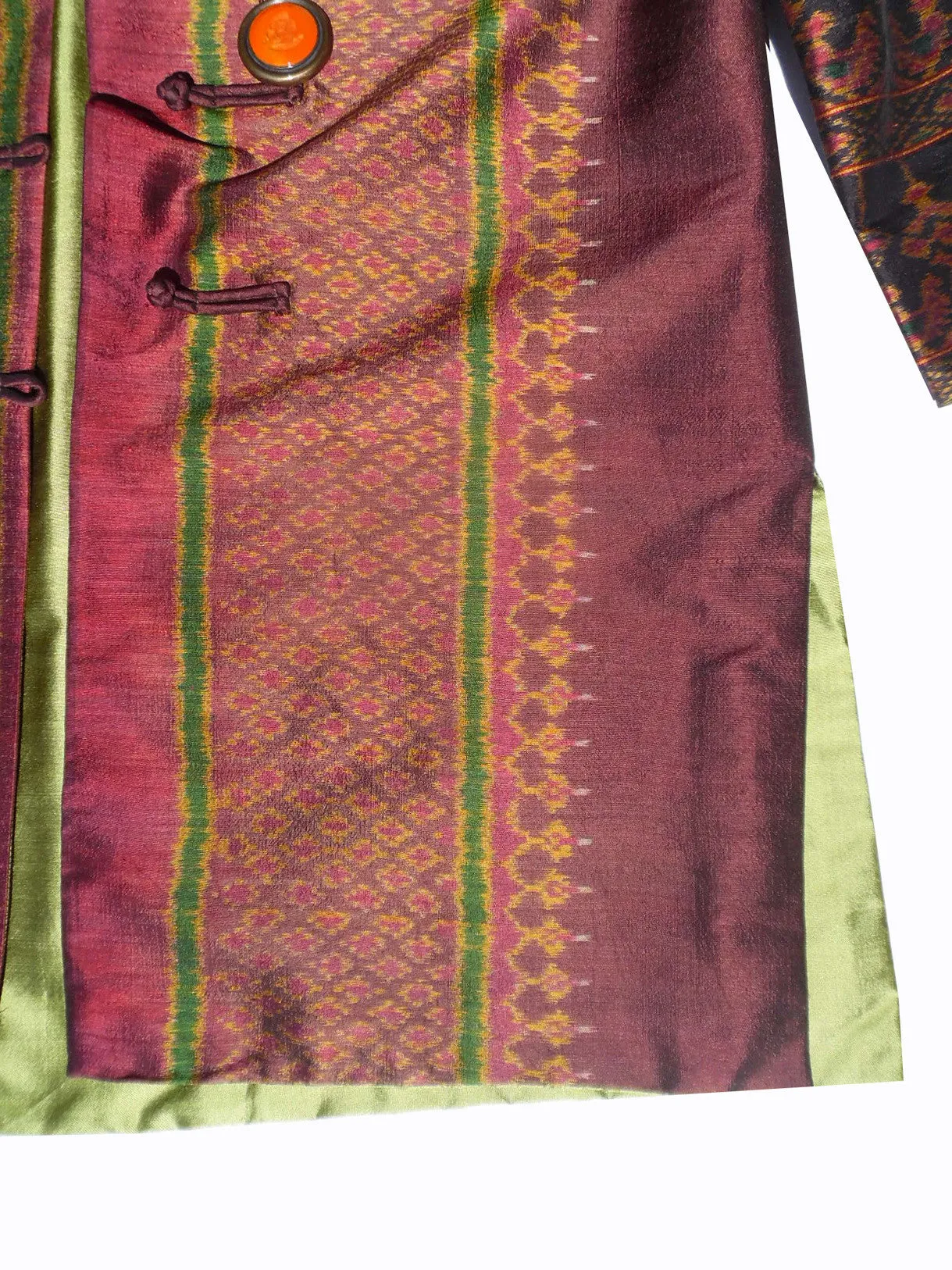 Long Mandarin Silk Ikat Evening Jacket with Lemongrass Lining