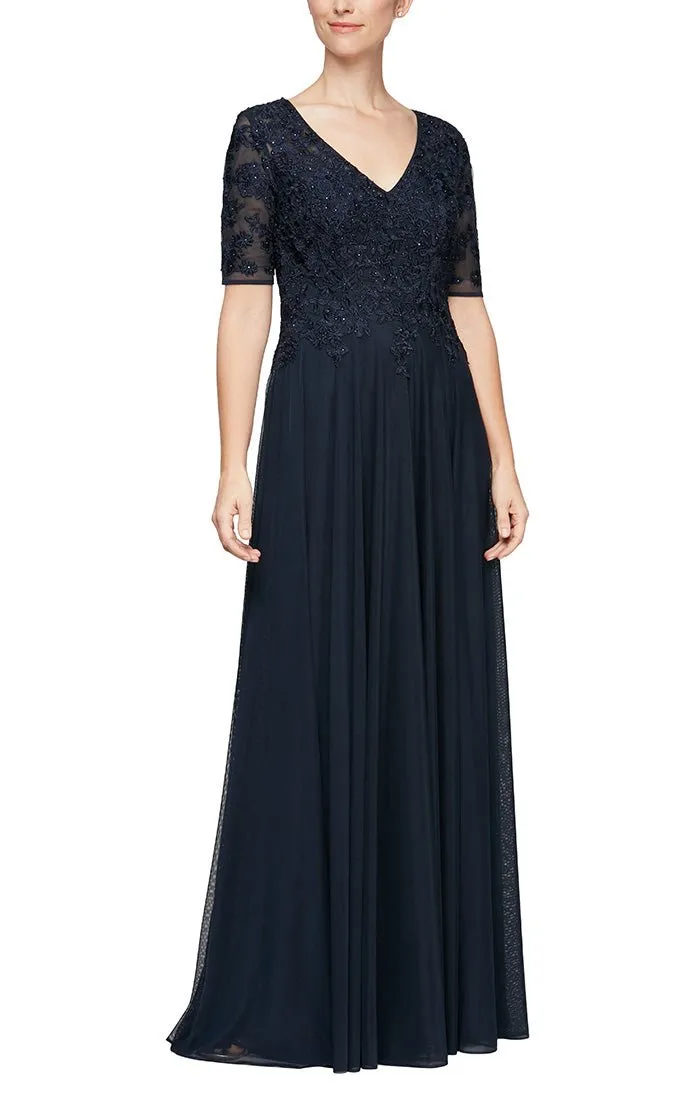 *Short Sleeve V-Neck Gown with Embroidered Lace Bodice and Mesh Skirt