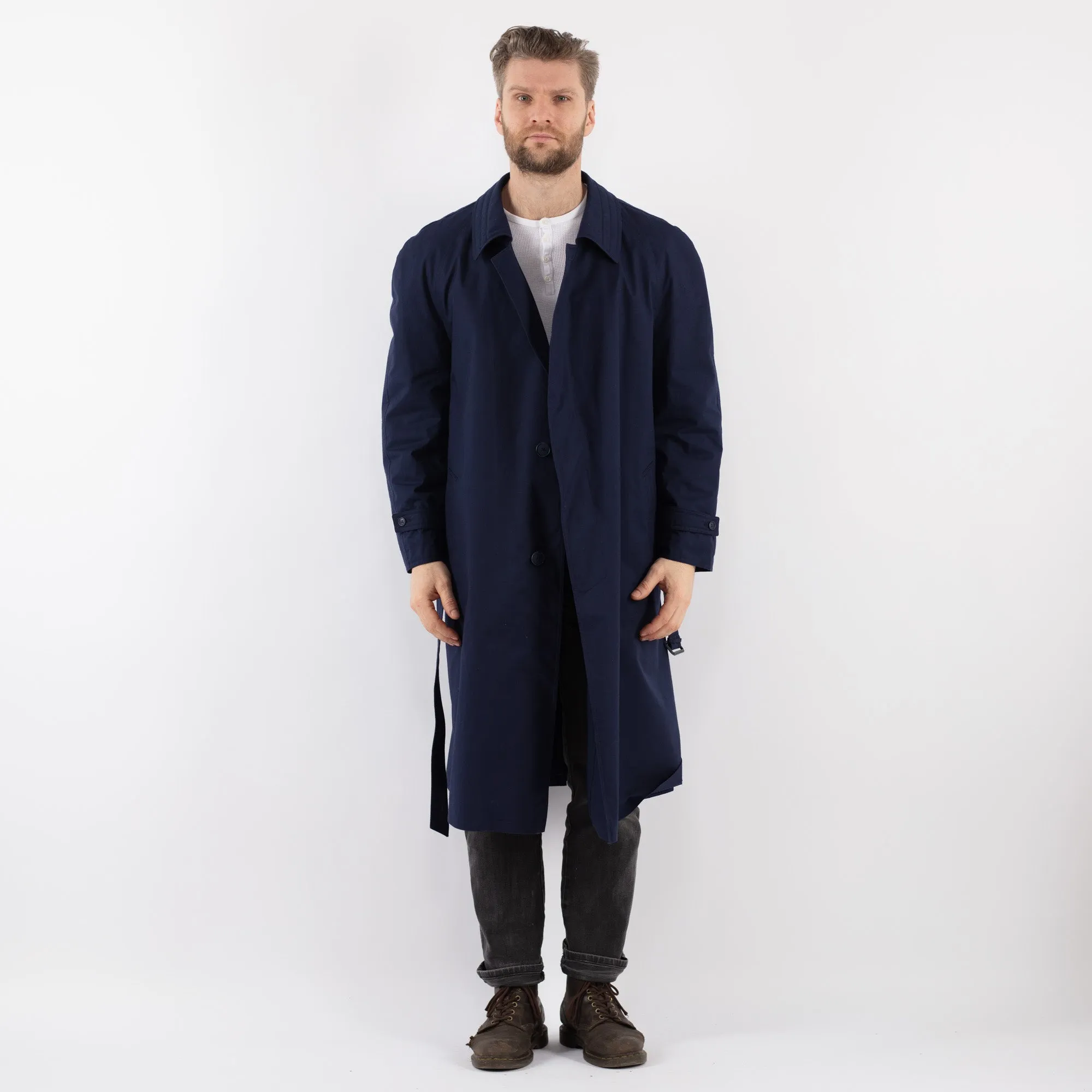 Vintage 80's Men Belted Mac Coat in Blue