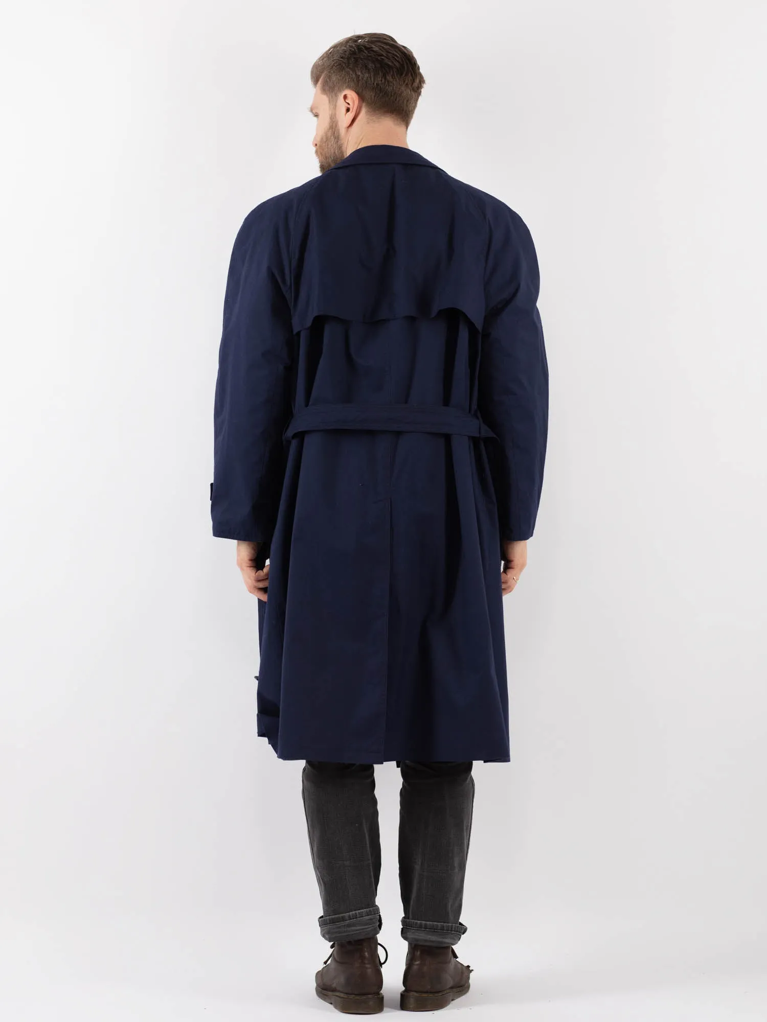 Vintage 80's Men Belted Mac Coat in Blue