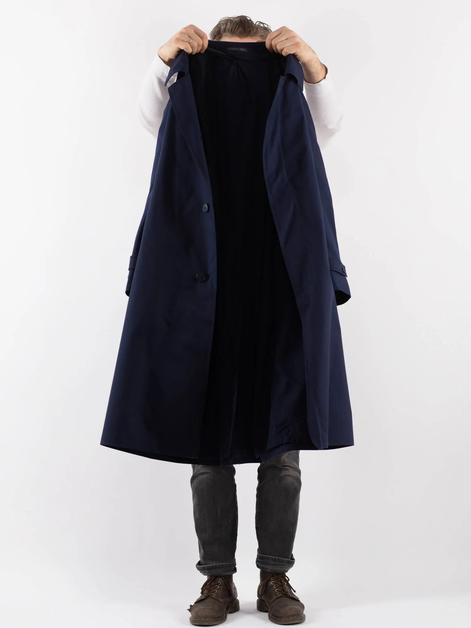 Vintage 80's Men Belted Mac Coat in Blue