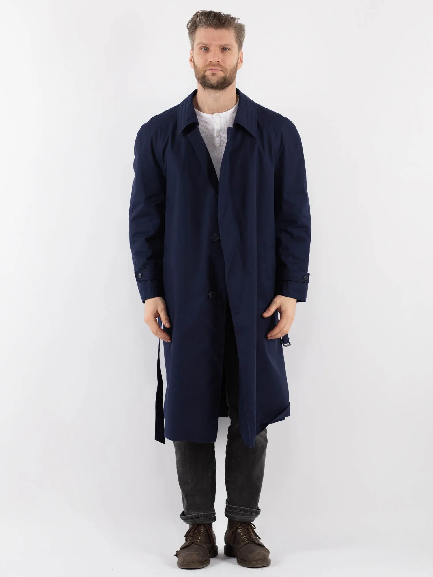 Vintage 80's Men Belted Mac Coat in Blue