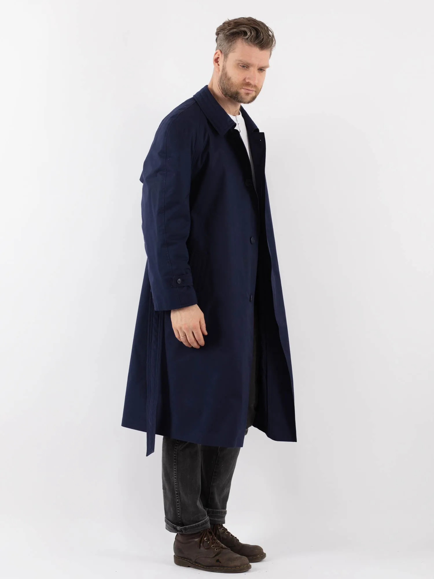 Vintage 80's Men Belted Mac Coat in Blue
