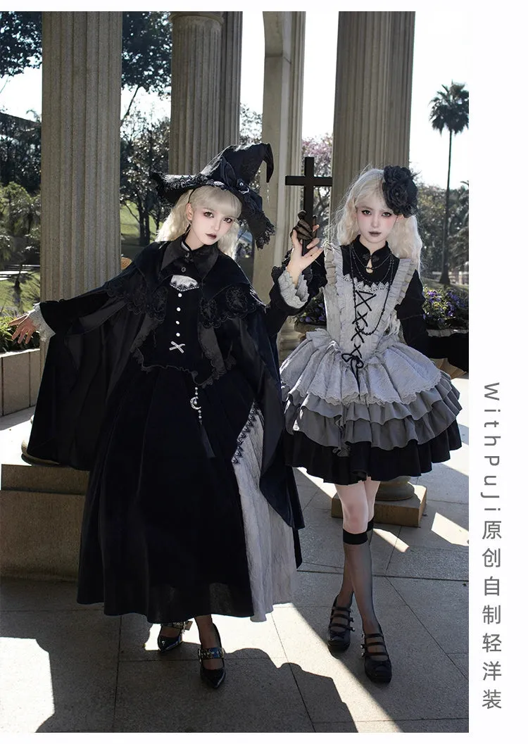 With Puji~Innocent Talk~Halloween Chinese Style Lolita OP Black-silver Gray Dress