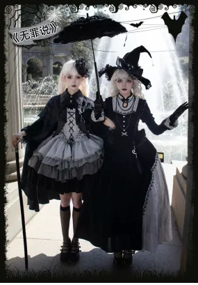 With Puji~Innocent Talk~Halloween Chinese Style Lolita OP Black-silver Gray Dress