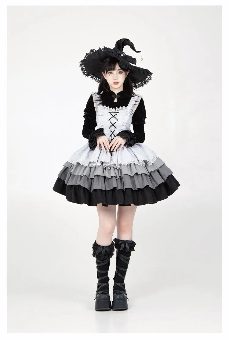 With Puji~Innocent Talk~Halloween Chinese Style Lolita OP Black-silver Gray Dress