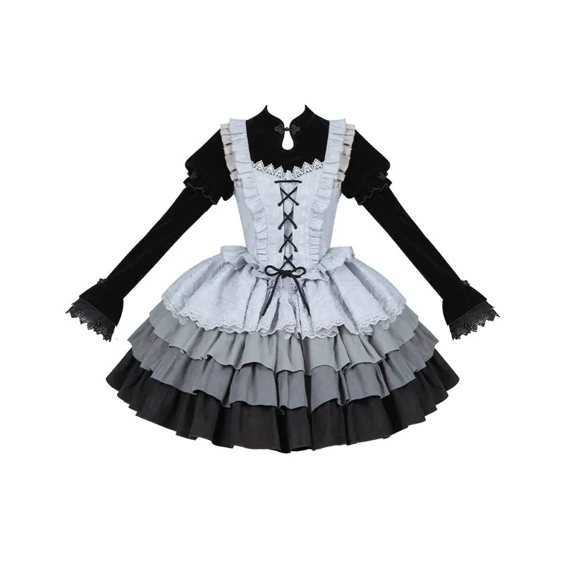 With Puji~Innocent Talk~Halloween Chinese Style Lolita OP Black-silver Gray Dress