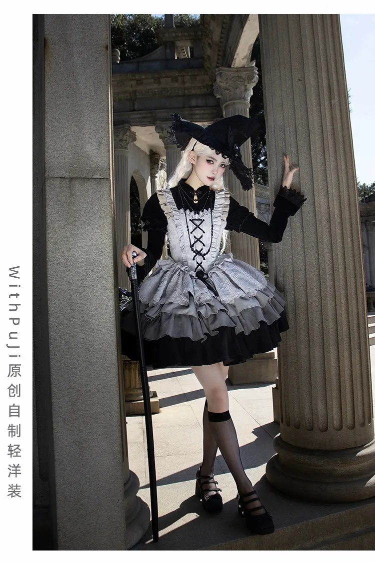 With Puji~Innocent Talk~Halloween Chinese Style Lolita OP Black-silver Gray Dress