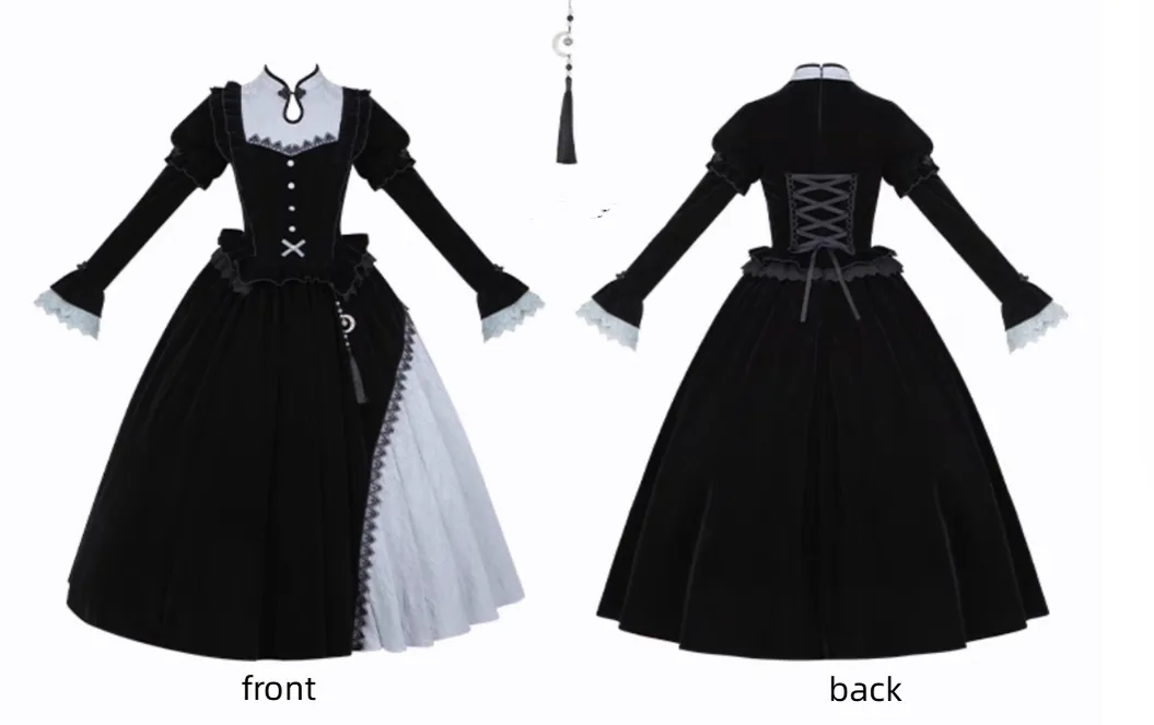 With Puji~Innocent Talk~Halloween Chinese Style Lolita OP Black-silver Gray Dress