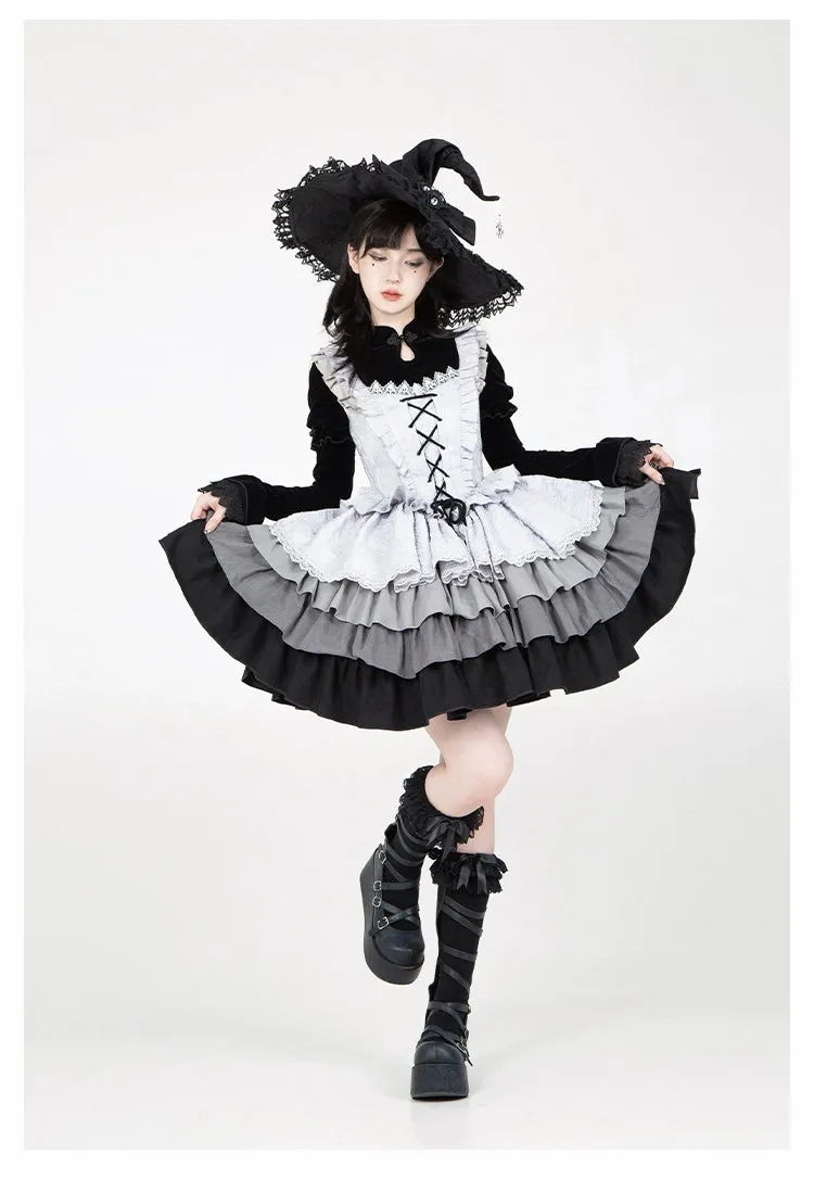 With Puji~Innocent Talk~Halloween Chinese Style Lolita OP Black-silver Gray Dress