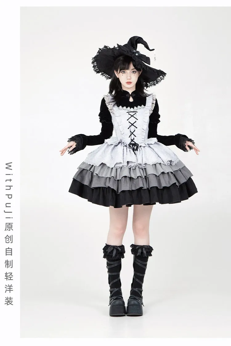 With Puji~Innocent Talk~Halloween Chinese Style Lolita OP Black-silver Gray Dress