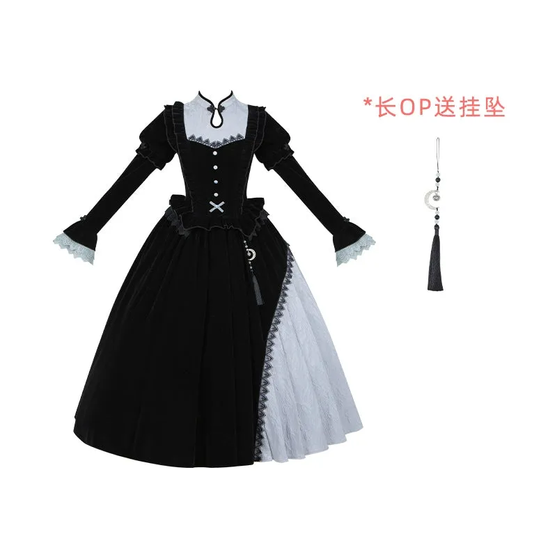 With Puji~Innocent Talk~Halloween Chinese Style Lolita OP Black-silver Gray Dress